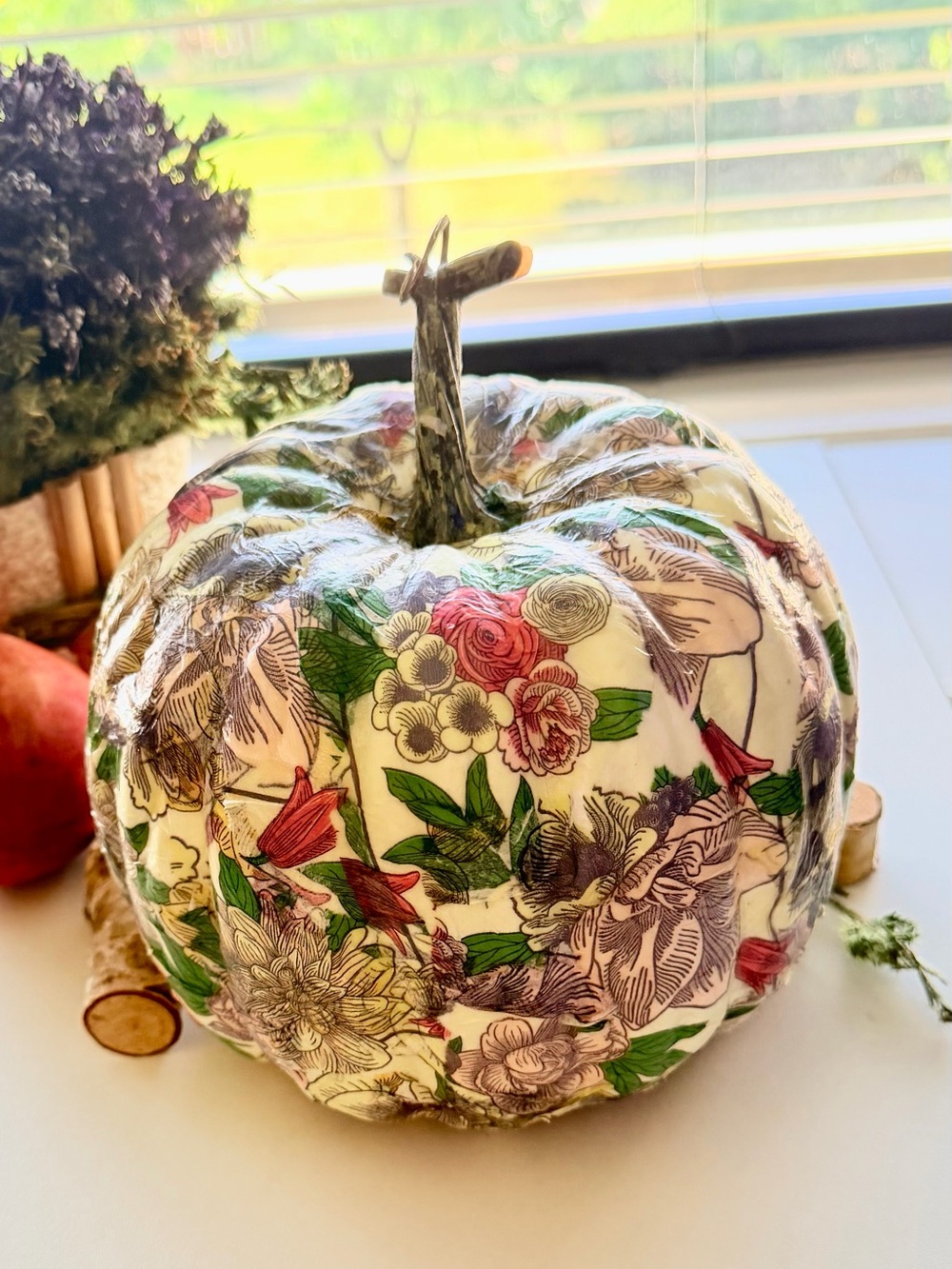 Handmade Floral Découpage Decorative Pumpkin - White Floral Design  7”